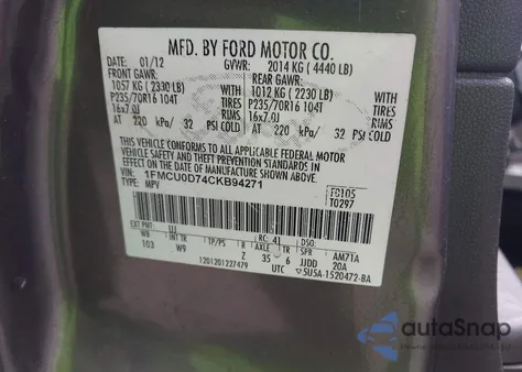2012 Ford Escape Xlt from USA, damaged, VIN 1FMCU0D74CKB94271